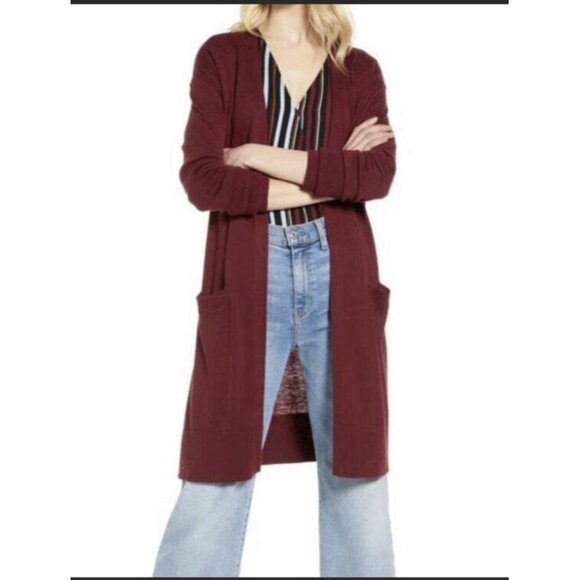 Halogen Womens Duster Sweater Red Long Sleeve Open Front Pockets‎ Slit S New - Picture 1 of 10